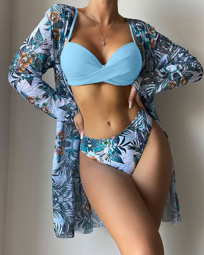 Floral Print Bikini Set Low Waist Three Pieces