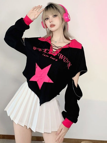 Estetik Yıldız Baskılı Düzensiz Uzun Kollu