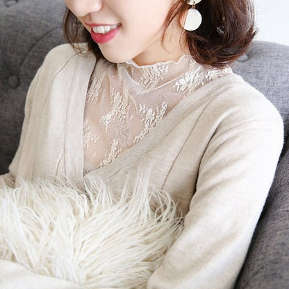 Lace Bottomed Blouse Long Sleeve Crop High Neck