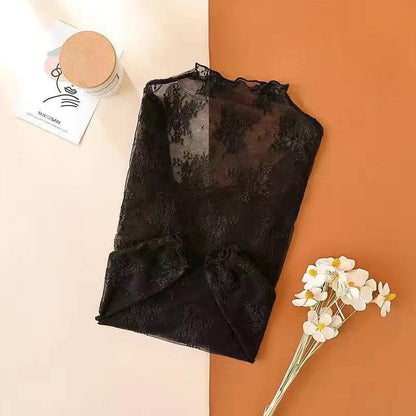 Lace Bottomed Blouse Long Sleeve Crop High Neck