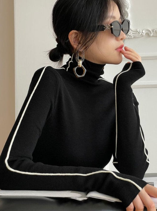 Korean Style Autumn Striped Warm All-match Silm Turtleneck Sweater