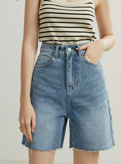 Classical Women Jeans Shorts High Waist Straight Wide Leg