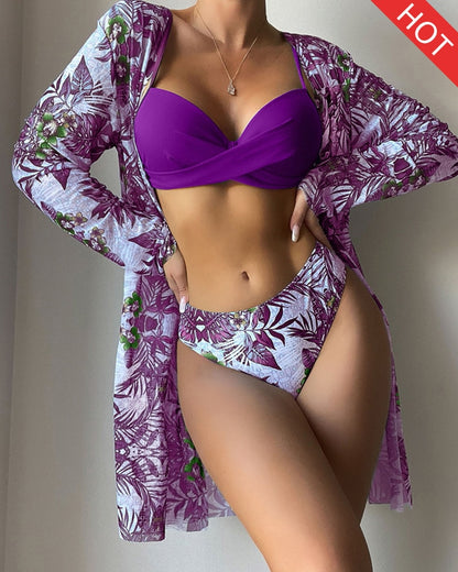 Floral Print Bikini Set Low Waist Three Pieces