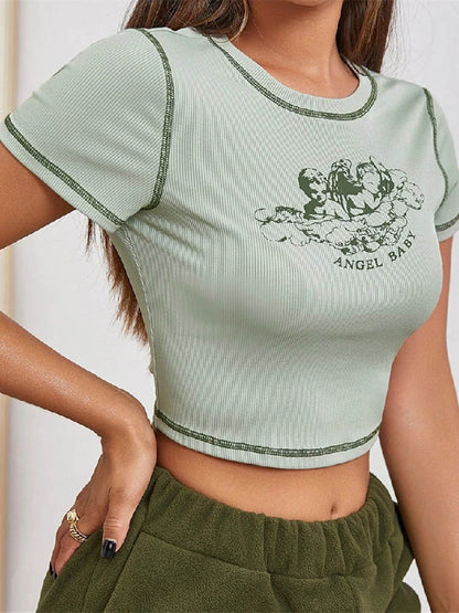 Short Sleeve Round Neck Contrast Stitch Slim Fit Crop
