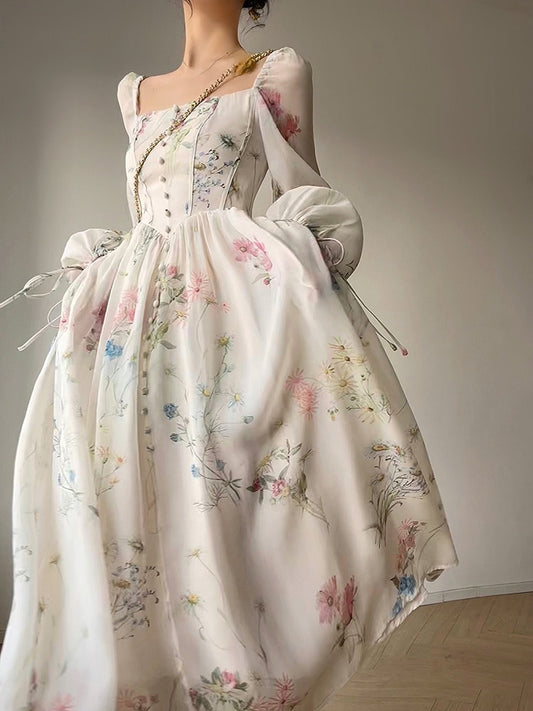 French Elegant Floral Midi Dress Chiffon Long Sleeve