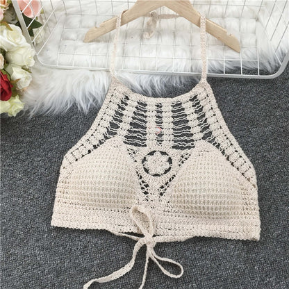 Crop Retro Tassel Lace Halter Neck