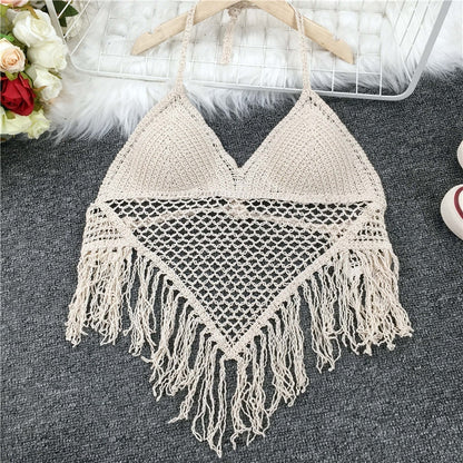 Crop Retro Tassel Lace Halter Neck