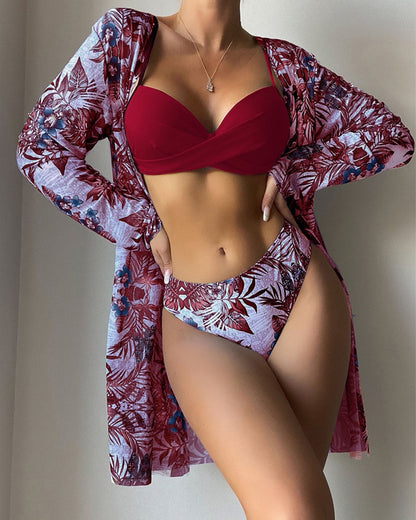 Floral Print Bikini Set Low Waist Three Pieces