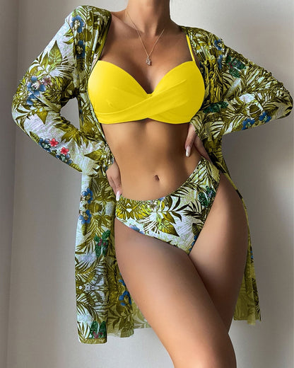Floral Print Bikini Set Low Waist Three Pieces