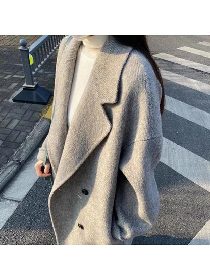 Double-breasted silk Rabbit Woolen Long Overcoat