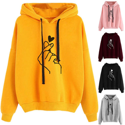Finger Heart Print Drawstring Hooded Hoodie