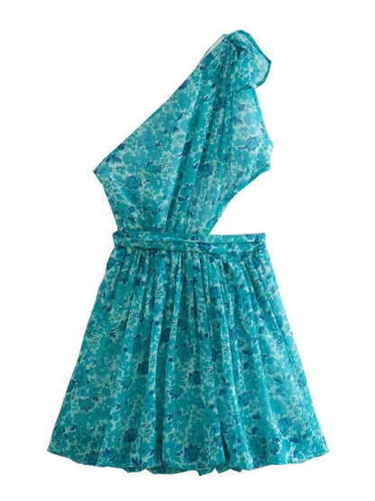 Single Shoulder Floral Print Chiffon Mini Dress